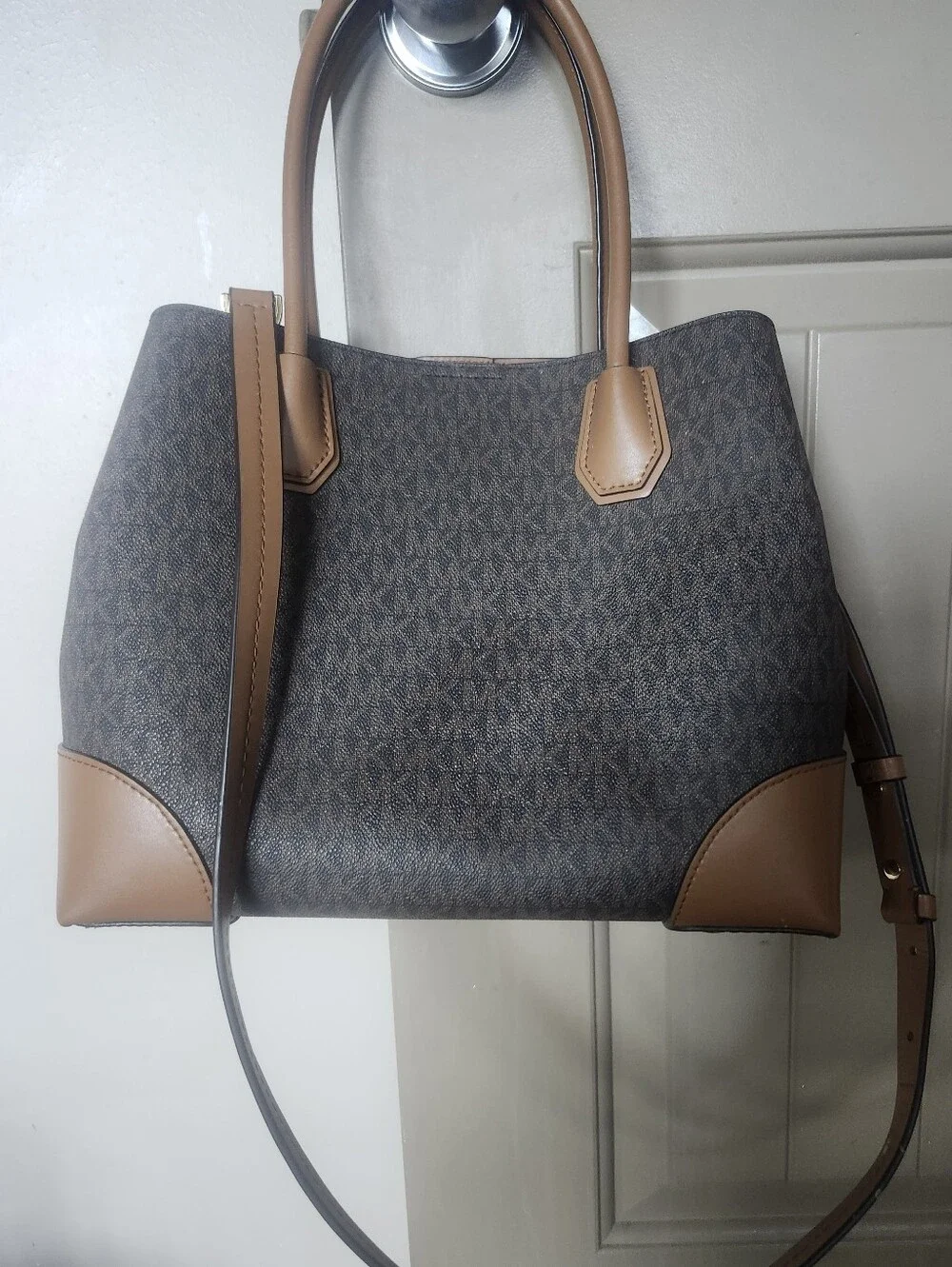 Michael Kors Dark Brown Logo Tote with Tan Trim